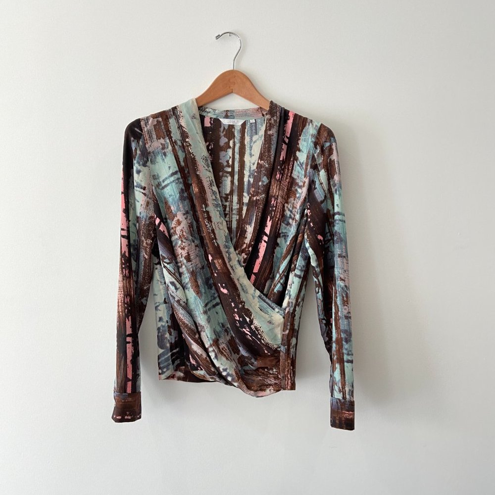 ZOA New York Womens Multicolor Abstract Print Surplice V-Neck Blouse